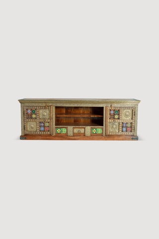 Meuble TV 2 portes - Naturel et doré - En acacia et céramique - 180 x 40 x 60 cm