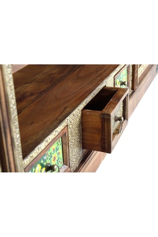 Meuble TV 2 portes - Naturel et doré - En acacia et céramique - 180 x 40 x 60 cm