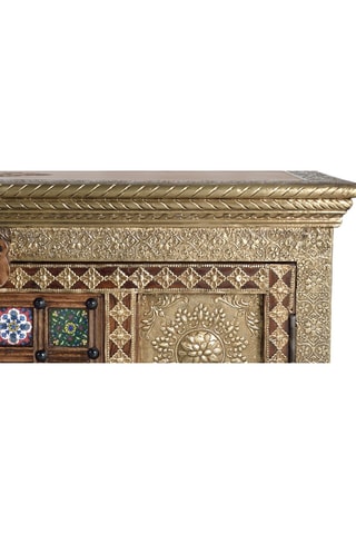 Meuble TV 2 portes - Naturel et doré - En acacia et céramique - 180 x 40 x 60 cm