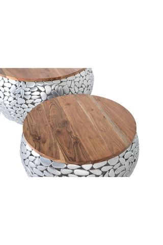 2 tables basses - Naturel et argenté - Plateau en bois de manguier - 55 x 30 / 70 x 35 cm