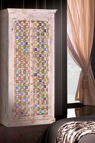 Armoire 2 portes en bois - Blanc vieilli et doré - 90 x 50 x 180 cm