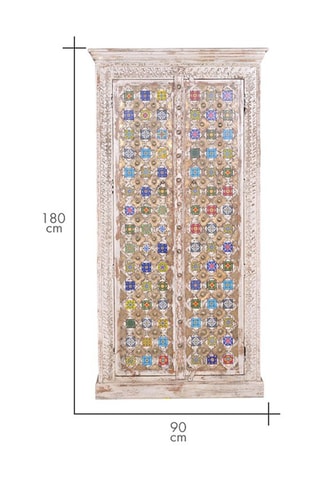 Armoire 2 portes en bois - Blanc vieilli et doré - 90 x 50 x 180 cm