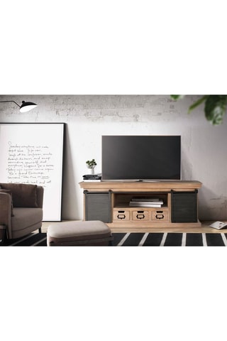 Meuble TV 2 portes - Naturel et noir - Structure en bois de manguier - 150 x 55 x 40 cm