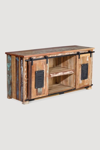 Meuble TV 2 portes - Naturel et noir - Structure en bois recyclé - 130 x 62 x 40 cm