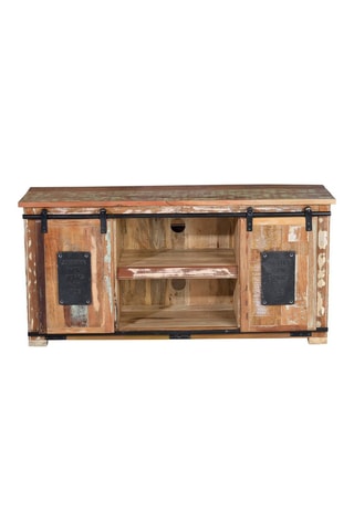 Meuble TV 2 portes - Naturel et noir - Structure en bois recyclé - 130 x 62 x 40 cm