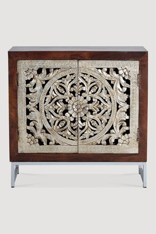 Buffet 2 portes - Naturel et argenté - En bois de manguier - 80 x 35 x 80 cm