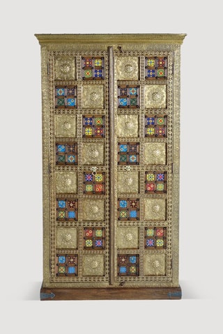 Armoires 2 portes - Naturel et doré - En acacia et céramique - 100 x 45 x 180 cm