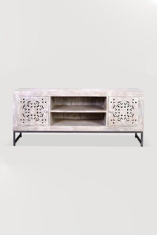 Meuble TV 2 portes - Blanc - Structure en bois de manguier - 130 x 55 x 40 cm