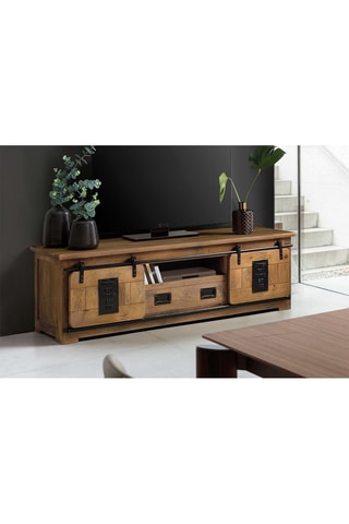 Meuble de TV 2 portes - Naturel et noir - En acacia - 180 x 55 x 50 cm