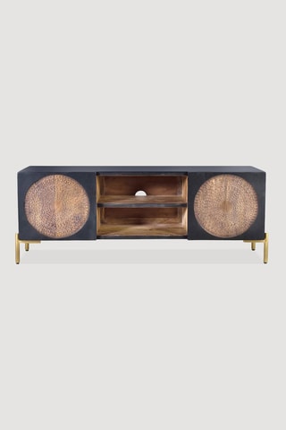 Meuble TV 2 portes - Noir et naturel - Structure en bois de manguier - 145 x 56 x 40 cm