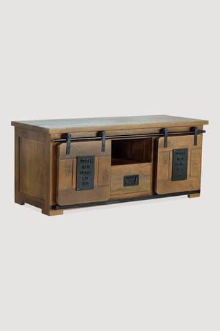 Meuble TV 2 portes - Naturel et noir - Structure en bois de manguier - 130 x 55 x 50 cm