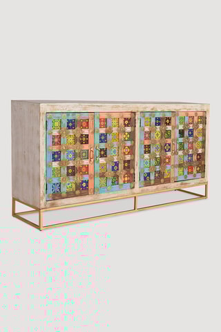 Buffet 4 portes - Blanc et doré - En bois de manguier - 180 x 40 x 90 cm