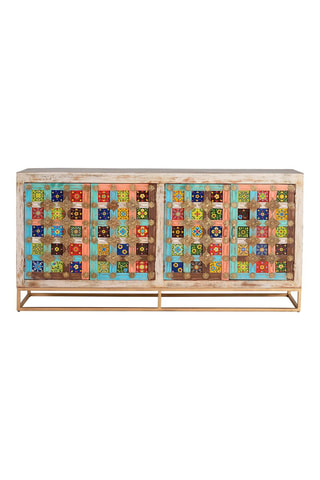 Buffet 4 portes - Blanc et doré - En bois de manguier - 180 x 40 x 90 cm