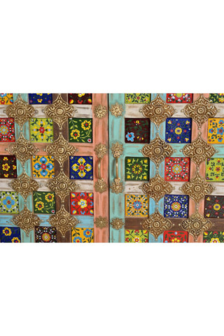 Buffet 4 portes - Blanc et doré - En bois de manguier - 180 x 40 x 90 cm