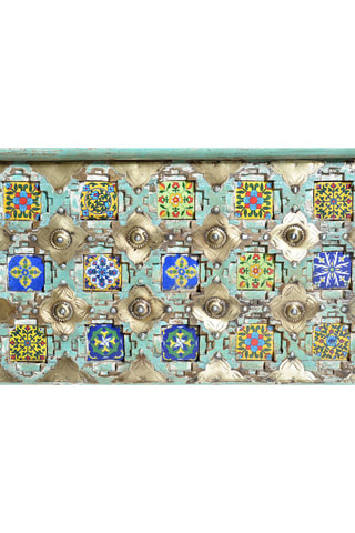 Coffre - Vert d'eau et bleu - Structure en bois de manguier et détails en bronze et céramique - 80 x 45 x 40 cm