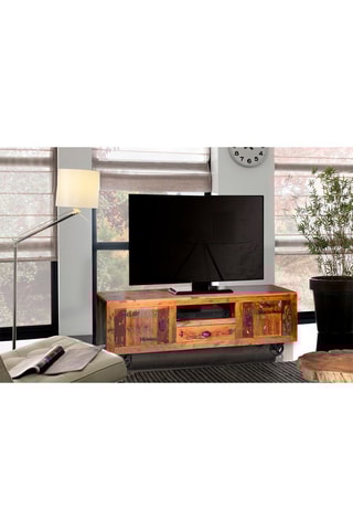 Meuble TV 2 portes - Naturel - Structure en bois recyclé - 160 x 55 x 40 cm