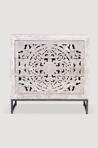 Buffet 3 tiroirs - Blanc vieilli - Structure en bois de manguier - 80 x 35 x 81 cm