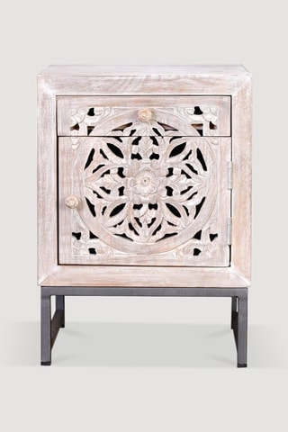 Table de chevet 1 porte - Blanc vieilli - Structure en bois de manguier - 40 x 56 x 35 cm