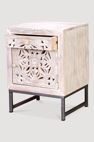 Table de chevet 1 porte - Blanc vieilli - Structure en bois de manguier - 40 x 56 x 35 cm