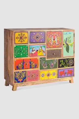 Meuble de rangement 1 porte - Naturel et multicolore - Structure en bois de manguier - 112 x 35 x 90 cm