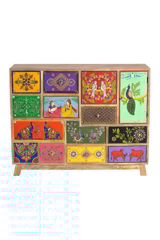 Meuble de rangement 1 porte - Naturel et multicolore - Structure en bois de manguier - 112 x 35 x 90 cm