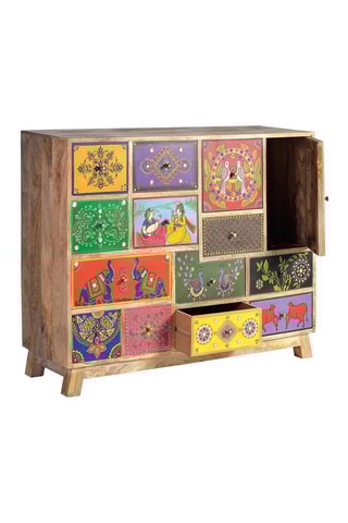 Meuble de rangement 1 porte - Naturel et multicolore - Structure en bois de manguier - 112 x 35 x 90 cm