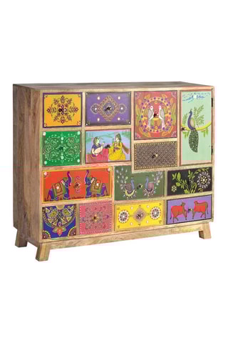 Meuble de rangement 1 porte - Naturel et multicolore - Structure en bois de manguier - 112 x 35 x 90 cm