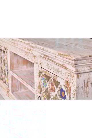 Meuble TV 2 portes - Blanc et doré - Structure en bois de manguier, détails en bronze et céramique - 150 x 40 x 60 cm