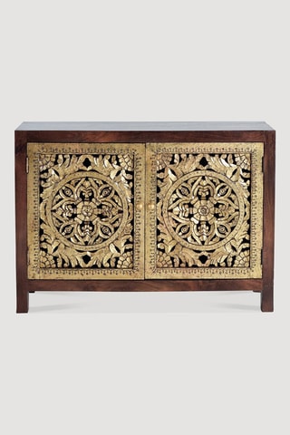 Buffet 2 portes - Naturel et doré - En bois de manguier - 110 x 80 x 40 cm