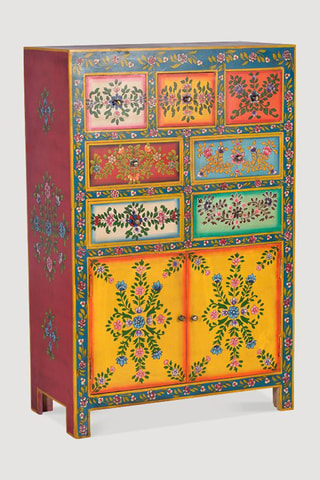 Meuble de rangement 2 portes - Naturel et multicolore - Structure en bois de manguier - 80 x 40 x 122 cm