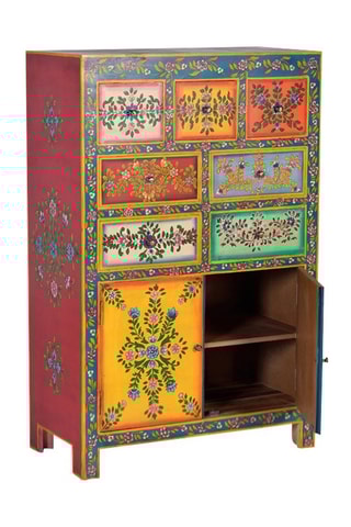 Meuble de rangement 2 portes - Naturel et multicolore - Structure en bois de manguier - 80 x 40 x 122 cm