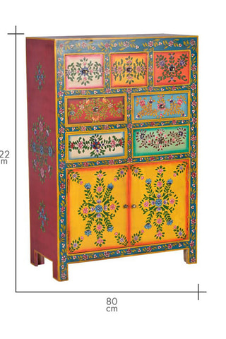 Meuble de rangement 2 portes - Naturel et multicolore - Structure en bois de manguier - 80 x 40 x 122 cm