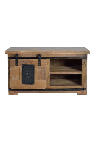 Meuble TV 1 porte - Naturel et noir - Structure en bois de manguier - 90 x 40 x 50 cm