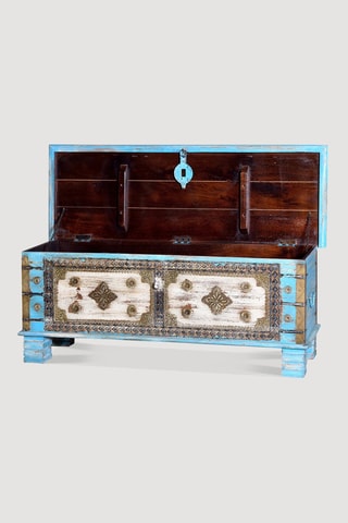 Coffre - Bleu et doré - En bois de manguier et bronze - 116 x 45 x 40 cm