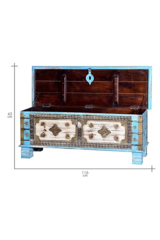 Coffre - Bleu et doré - En bois de manguier et bronze - 116 x 45 x 40 cm