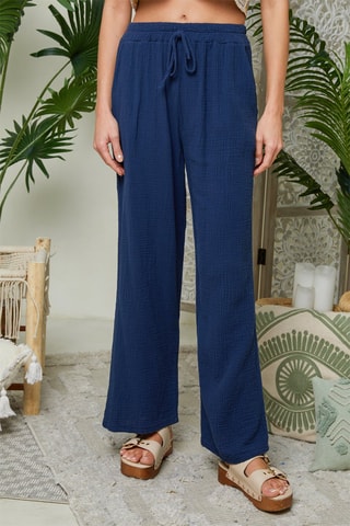 Pantalon large en lin - Bleu marine
