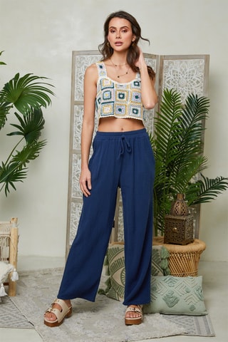 Pantalon large en lin - Bleu marine