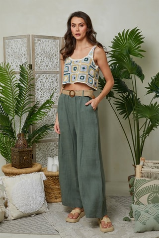 Pantalon large taille haute en lin - Kaki