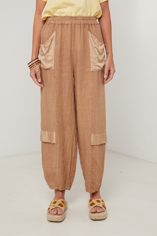 Pantalon taille haute en lin - Camel