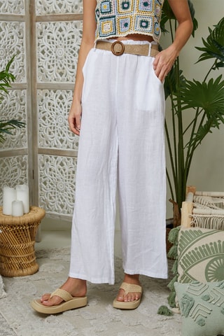 Pantalon large taille haute en lin - Blanc