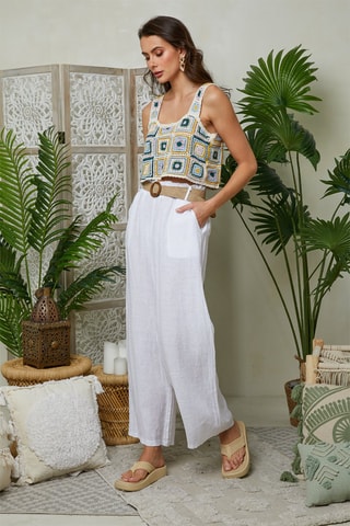 Pantalon large taille haute en lin - Blanc