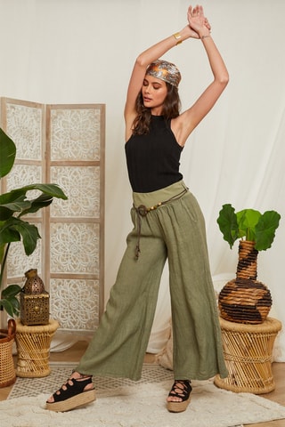 Pantalon palazzo en lin - Kaki