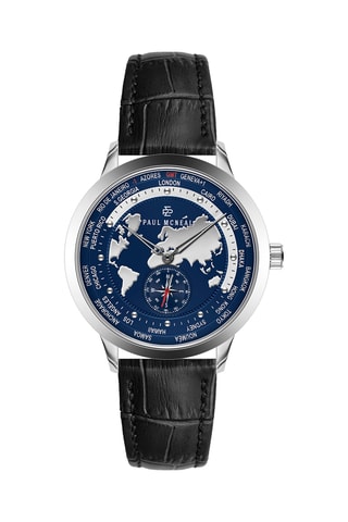 Reloj de cuarzo de piel - GMT - Brújula - Negro y plateado