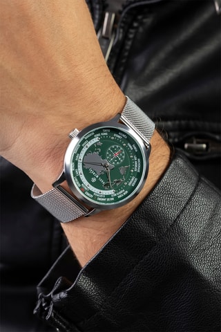 Reloj de cuarzo de acero - GMT - Brújula - Plateado y verde oscuro