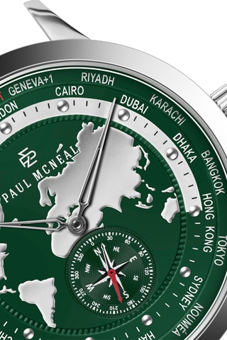 Reloj de cuarzo de acero - GMT - Brújula - Plateado y verde oscuro