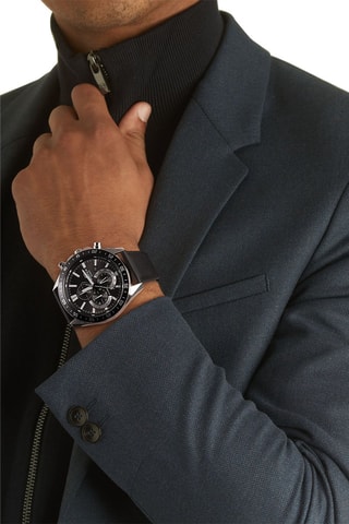 Relógio de quartzo em couro - Cronómetro - Preto e prateado