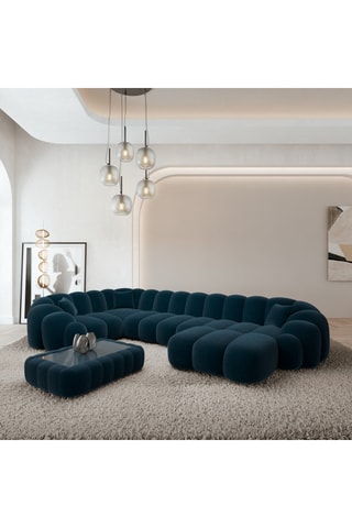 Canapé d'angle droit panoramique - Bleu foncé - 7 places - En tissu velours