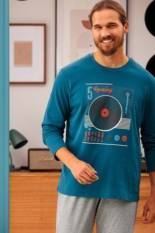 Pyjama  - Au Son Du Vinyl -  Gris chiné et bleu pétrole