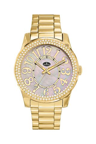Stalen en Parelmoeren Quartz Horloge - Goudkleurig en Wit