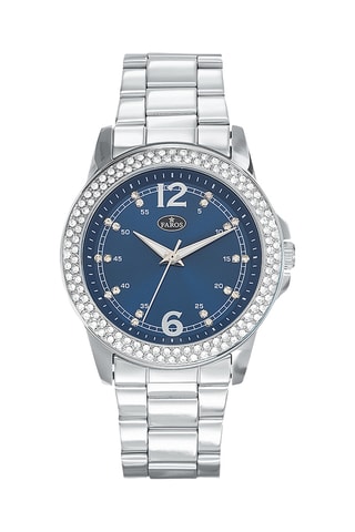 Stalen Quartz Horloge met Zirkonia’s - Zilverkleurig en Marineblauw